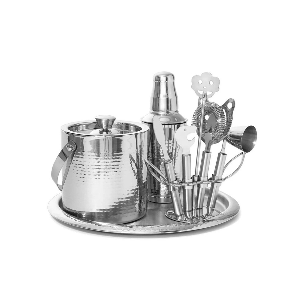 Godinger Hammered Stainless Steel 9‑Piece Barware Set – Sleek Home Bar Gift Set